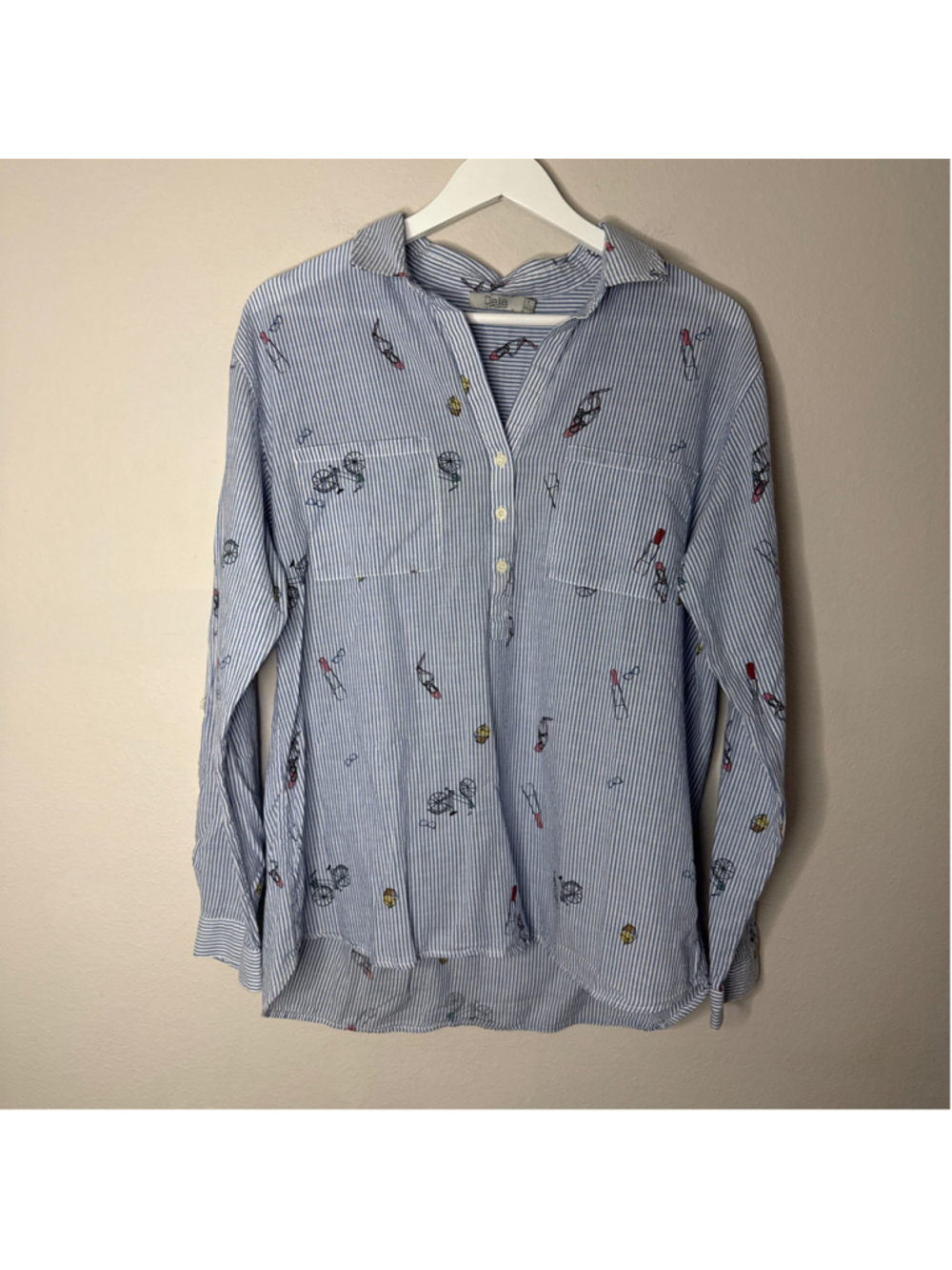Women's Dalia Button Down Shirt Size L Blue White Striped Print [PH0835]